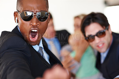 Buy stock photo Portrait, man and bodyguard with sunglasses for safety support, professional and security service. Threat, protection and face of male employee with client privacy, danger control and shouting