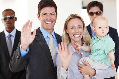 Buy stock photo Waving, politician and family with security at legal conference for political decision with crowd and fame. Leader or representative with guard and partner with baby for alert and protect in public 