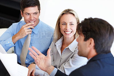 Buy stock photo Corporate staff, talking and document for meeting, company career, planning and project management for work. Manager or consultant and discussion in support of innovation for business and teamwork