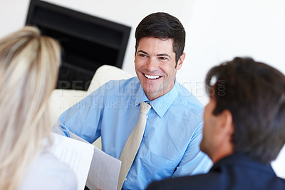Buy stock photo Corporate staff, talking and paperwork for meeting, company career and planning for project management and job. Young male person or consultant and discussion in support of  business and teamwork