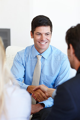 Buy stock photo Business people, hr and handshake for hiring or thank you in office, meeting and introduction. Colleagues, partnership and welcome for recruitment, contract and deal for onboarding in interview