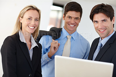 Buy stock photo Corporate staff, laptop and portrait for website, online research and business app for company career. Manager or consultant and smile with technology for email feedback, internet and digital project