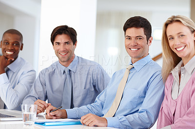 Buy stock photo Corporate, meeting and portrait of business people in office for planning, collaboration or discussion. Smile, professional and diverse team of colleagues, coworkers or employees in conference room