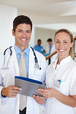 Buy stock photo Doctor, nurse and portrait for teamwork on report, charts and feedback on patient results in hospital. Clinic, employees and review the medical records, healthcare and check information on diagnosis