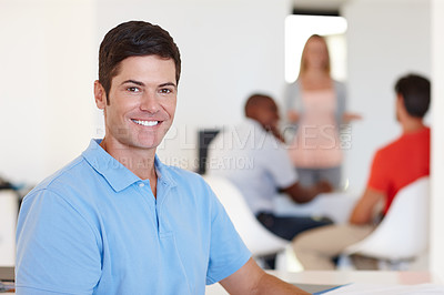 Buy stock photo Casual, businessman and smile in portrait at office with colleagues, working or job or happy. Male person, company and confidence with coworkers for events management, planner or coordinator