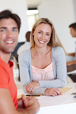 Buy stock photo Casual woman, portrait and team for paperwork, discussion and collaboration on research for project. Employees, coordinators and planning or events management in creative business, support and smile