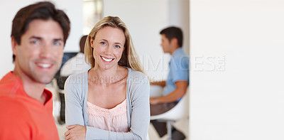 Buy stock photo Portrait of a casually-dressed businesswoman and her colleague