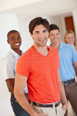 Buy stock photo Portrait, happy man and professional in office with people for working, business and agency career. Male worker, employee and smile in workplace with happiness for coworking, together and teamwork