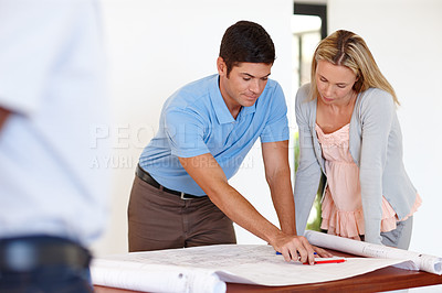 Buy stock photo Architecture, collaboration and blueprint for construction, planning or project development on home renovation. Engineering, female architect and male contractor for discussion, meeting or teamwork