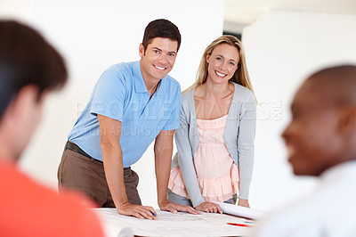 Buy stock photo Architecture, blueprint and portrait of team for collaboration, planning or project development on home renovation. Engineering, man architect and happy woman for remodelling, meeting or teamwork