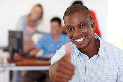 Buy stock photo Business man, thumbs up and portrait for like emoji in office, approval and review or thank you symbol. Black male person, confidence and motivation or support for win, vote and okay sign for bonus