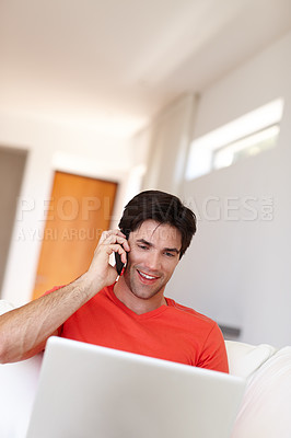 Buy stock photo Person, talking or phone call in living room with laptop for business, entertainment or work from home. Man, notebook and mobile happy for communication, deal or conversation with network provider