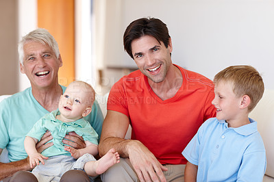 Buy stock photo Grandfather, father and kids in happy, house and family for  growth, development and childcare on sofa. Mature man, dad and children with cheerful, smile and playing in living room for bonding