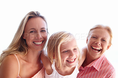 Buy stock photo Mom, daughter and grandmother in portrait with smile for bonding with laughing, child development and happiness. Mother, girl and grandma with happy for memories with relaxation with positivity