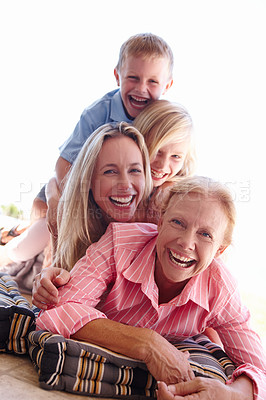 Buy stock photo Portrait, family or smile on floor to relax on holiday as care, support or love in fun getaway. Grandma, mama or children to laugh, play or memory of motherhood, childhood or bonding together