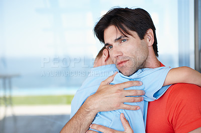 Buy stock photo Father, hug and sleeping baby in outdoors with love, care, and affection at family house. Content, parent and young child asleep, bonding and together on vacation at childhood home for memory