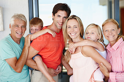 Buy stock photo Portrait, family or piggy back on holiday to relax as care, support or love in fun summer getaway. Grandma, papa or children to laugh, carry or memory of motherhood, childhood or bonding together