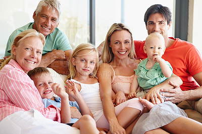 Buy stock photo Portrait, big family or sofa as memories on holiday to relax as care, support or love of bonding. Grandma, papa or children on couch together as dream marriage, motherhood or childhood in retirement
