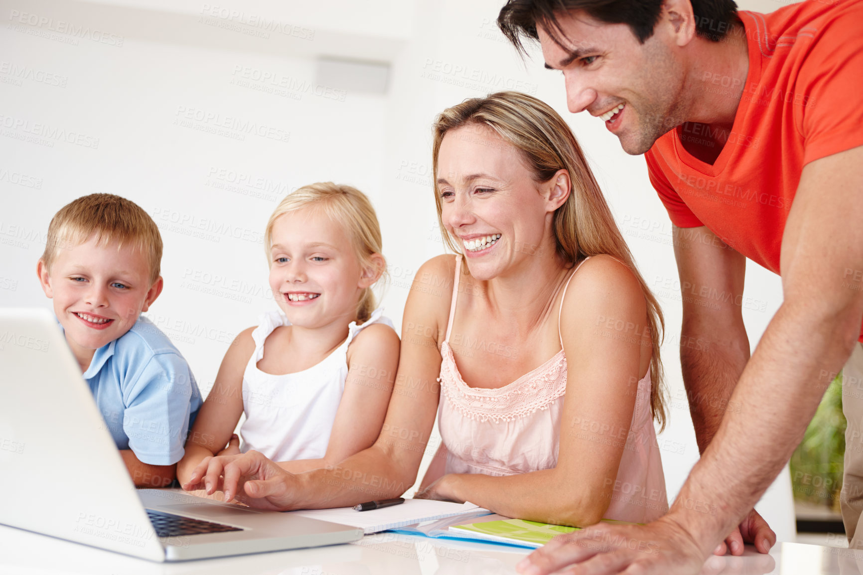 Buy stock photo Family, children and parents with laptop in home for e learning, education and bonding. Mother, girl and boy in house together with dad for teaching, development or support with online class or tech