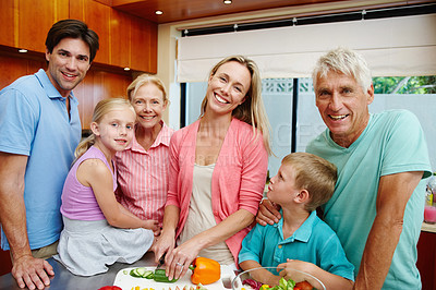 Buy stock photo Cooking, family and grandparents in portrait together at home kitchen happy for celebration, feast or event. Men, women and children prepare healthy meal for learning, development or nutrition
