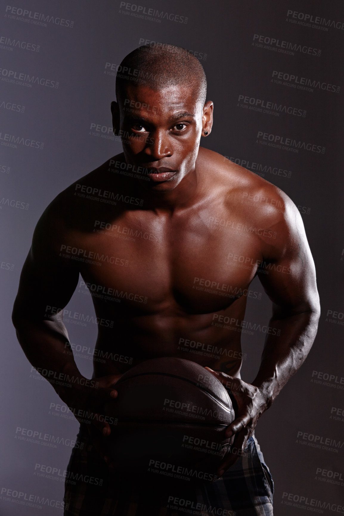 Buy stock photo Blackman, studio and dark background or basketball or shirtless at night, sports or fitness or athlete. Sportsman, healthy and muscular with confidence for game or exercise, focus and strength