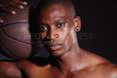 Buy stock photo Black man, athlete and basketball sports by dark background for fitness motivation, wellbeing and workout. Activity, player and male person in studio with ball for health, wellness and strength