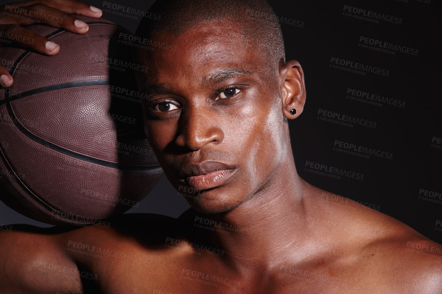 Buy stock photo Black man, athlete and basketball sports by dark background for fitness motivation, wellbeing and workout. Activity, player and male person in studio with ball for health, wellness and strength