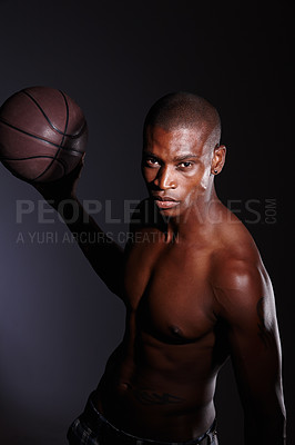 Buy stock photo Sportsman, studio and dark background or basketball or shirtless at night, sports or fitness or athlete. Black person, healthy and muscular with confidence for game or exercise, ball and strength