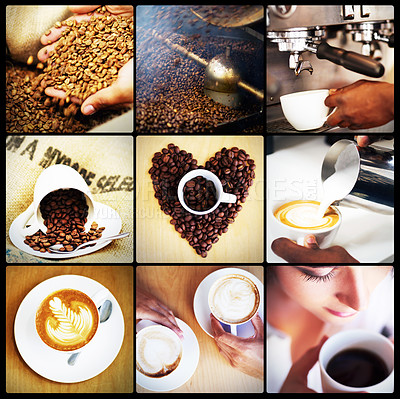 Buy stock photo Coffee, collage and cup with beans in frame with cappuccino art or barista preparation in cafe. Happy, customer and latte beverage with creative milk decoration for energy at breakfast in montage