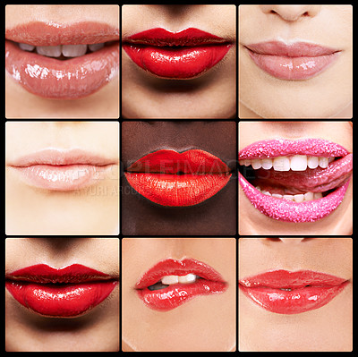 Buy stock photo Composite image of women's lips with lipstick on