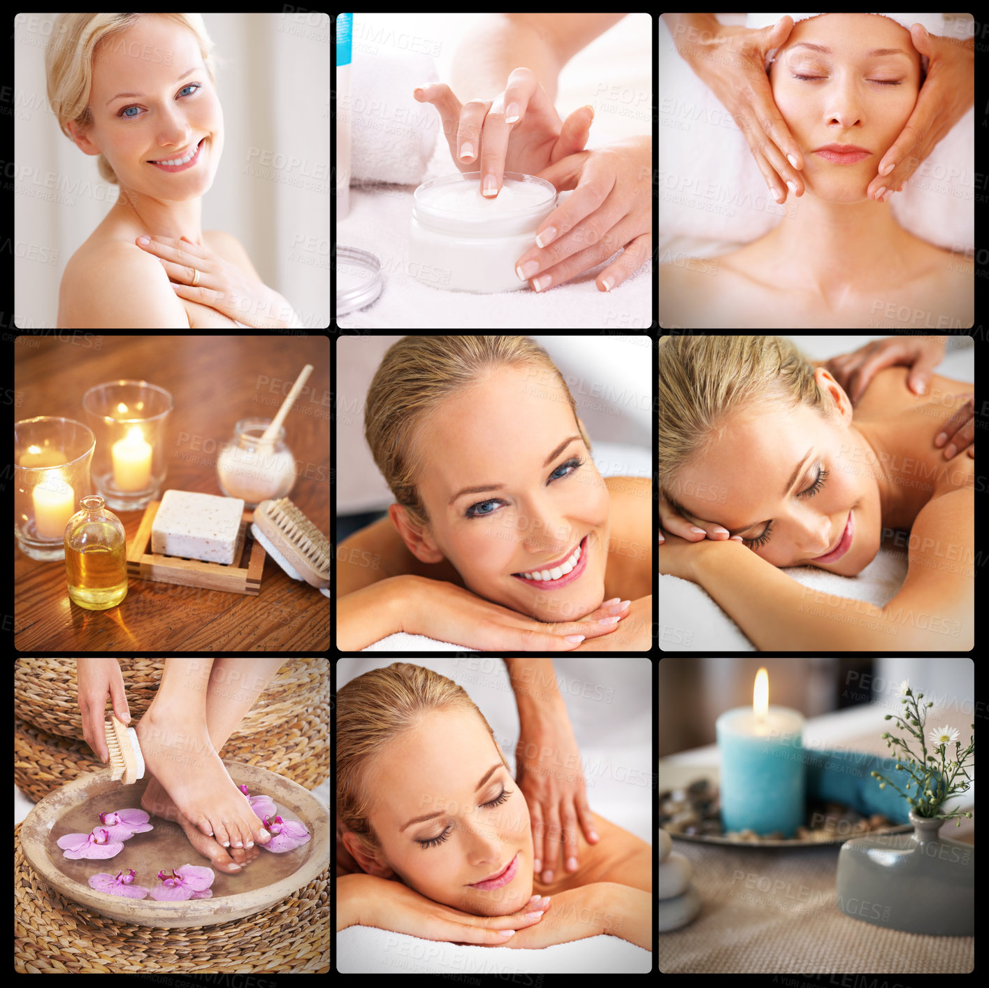 Buy stock photo Collage, portrait or woman in skincare, spa wellness or massage to relax in luxury getaway retreat. Montage, candles or hands as beauty, cosmetology or self care as inspiration, idea or vision