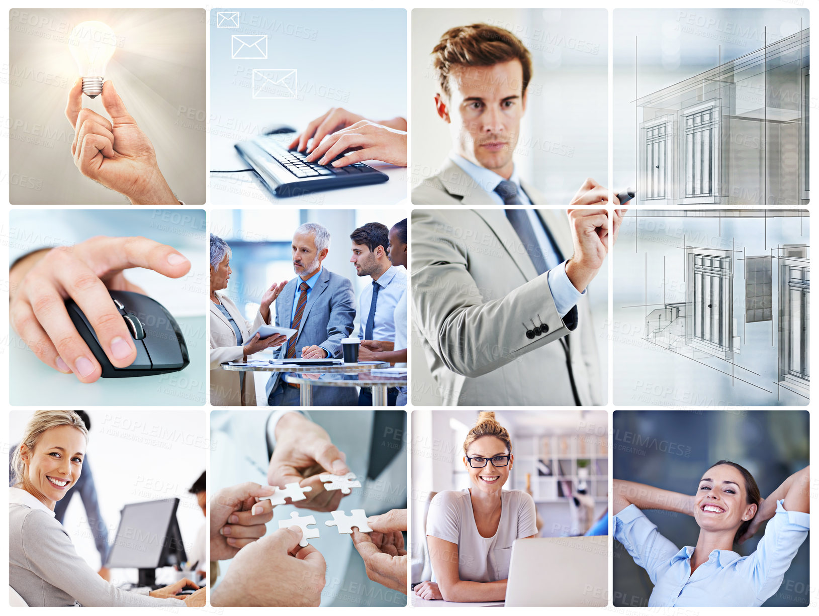 Buy stock photo Collage, business and computer in workplace, office and businesspeople for teamwork or ideas. Technology, solutions and company for innovation, collaboration and planning for vision or brainstorming