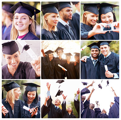 Buy stock photo Collage, students and graduate on university with certificate, graduation cap and selfie for celebration, career and education. Montage, school and people with diploma for achievement or success