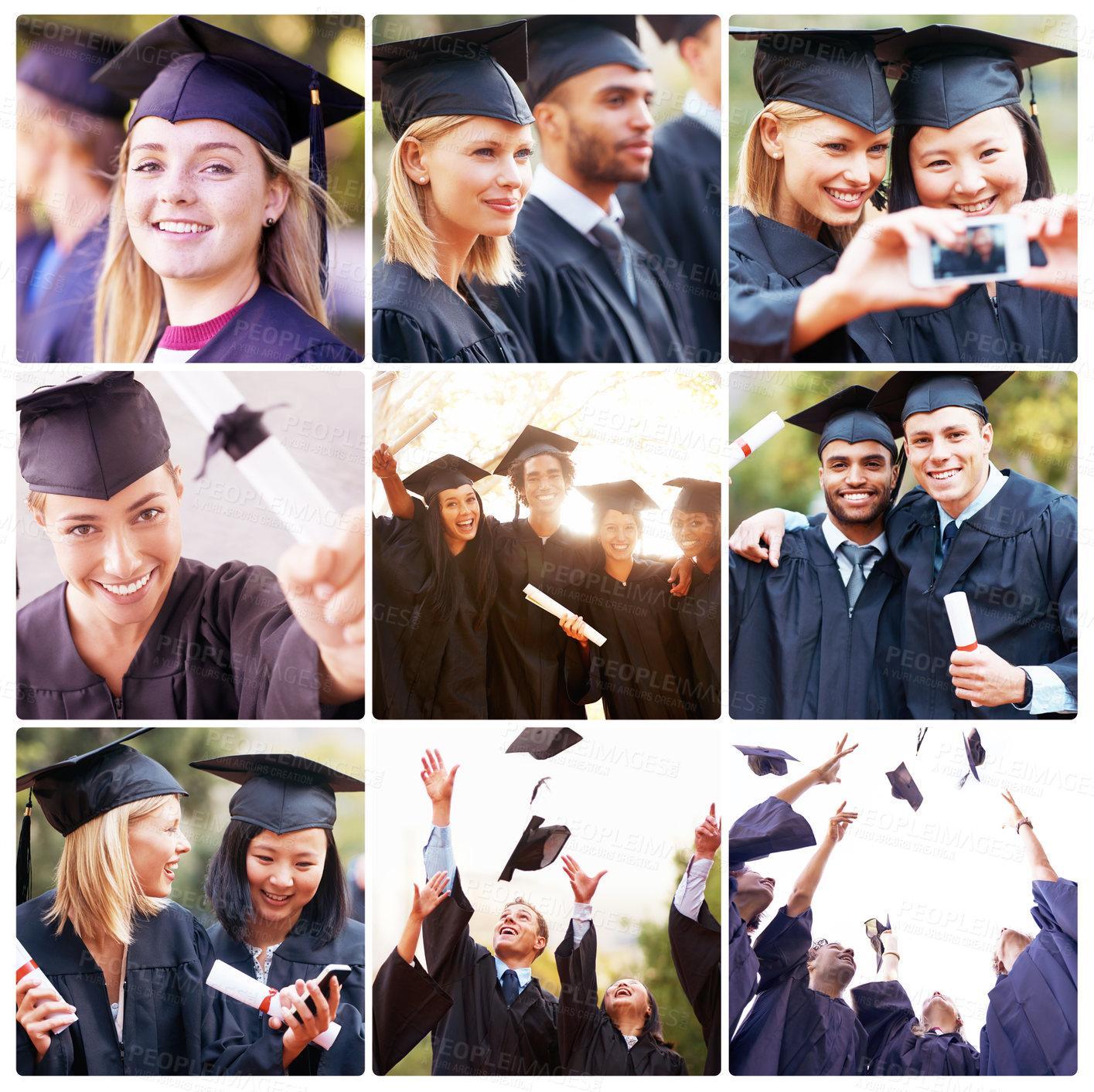 Buy stock photo Collage, students and graduate on university with certificate, graduation cap and selfie for celebration, career and education. Montage, school and people with diploma for achievement or success