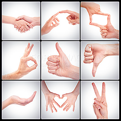 Buy stock photo Collage of happy, hand symbols and emoji for sign language, ideas and communication for clarity in studio. People, handshake and finger and pointing for conversation, exclamation and expression 