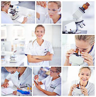 Buy stock photo Happy, woman and scientist with microscope in collage for medical research in labratory on digital composite. Female biologist and tech for insight, scientific breakthrough or discovery for medicine