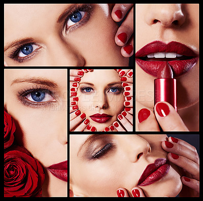 Buy stock photo Woman, makeup and collage in studio with lipstick for closeup with eyes, lips and creativity in confidence. Female person, cosmetics and nail polish with manicure for face in portrait with beauty 