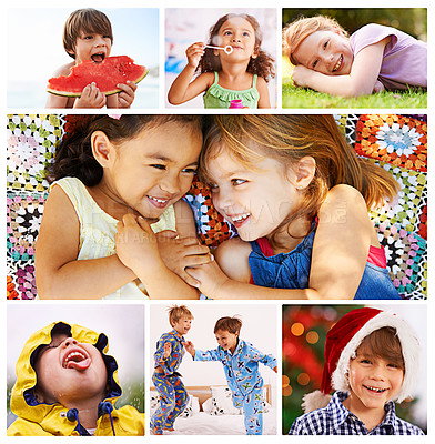 Buy stock photo Collage, child development and fun with kids for activities in outdoors, indoors and smile with happiness. Composite, growth and play in adolescence with childhood for friendship with holiday