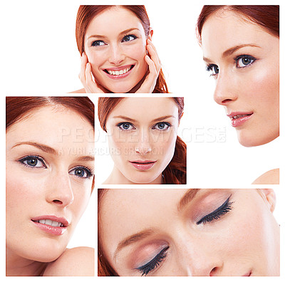 Buy stock photo Collage, portrait or woman in makeup, beauty or idea of luxury, facial or health on white background. Montage, mascara or eyes as thinking, vision or dream of cosmetology,  dermatology or inspiration