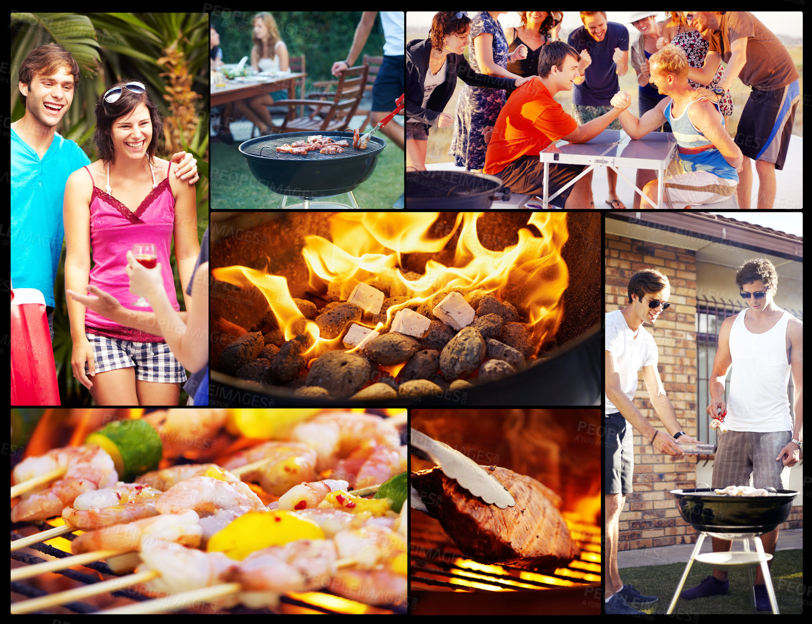 Buy stock photo Collage, bbq or friendship to relax, fun or memory of life, party or game as bonding together. Montage, friends or smile to grill food, play or enjoy nostalgia of summer, celebration or leisure