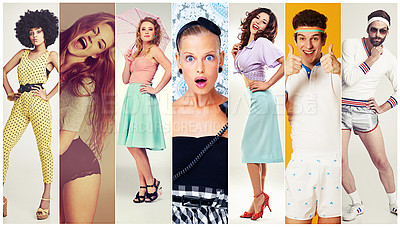 Buy stock photo Collage of stylish and diverse people with trendy, cool and vintage clothing in studio. Happy and excited group with retro, elegant and aesthetic fashion for creative designer or tailor on montage