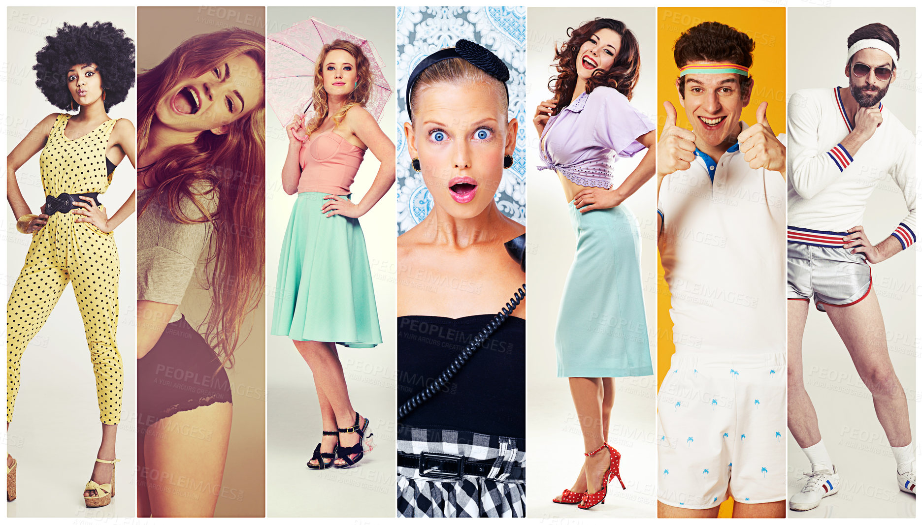 Buy stock photo Collage of stylish and diverse people with trendy, cool and vintage clothing in studio. Happy and excited group with retro, elegant and aesthetic fashion for creative designer or tailor on montage