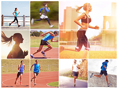Buy stock photo Collage running and outdoor with workout for exercise, sports and fitness with training, wellness and health. Women, men and athletes in training, sprint and jogging for marathon or weight loss 