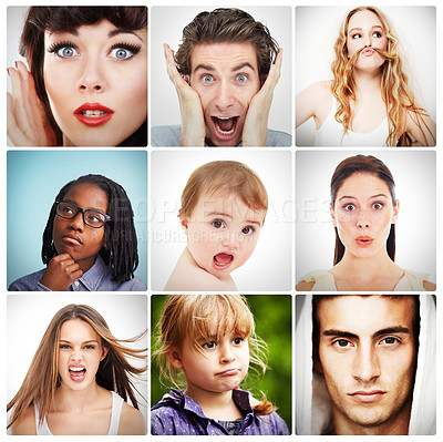 Buy stock photo Collage, bipolar and emotions with different moods, personalties and facial expression for mental health. Montage, personality and reactions in portrait for dissociate identity disorder or condition