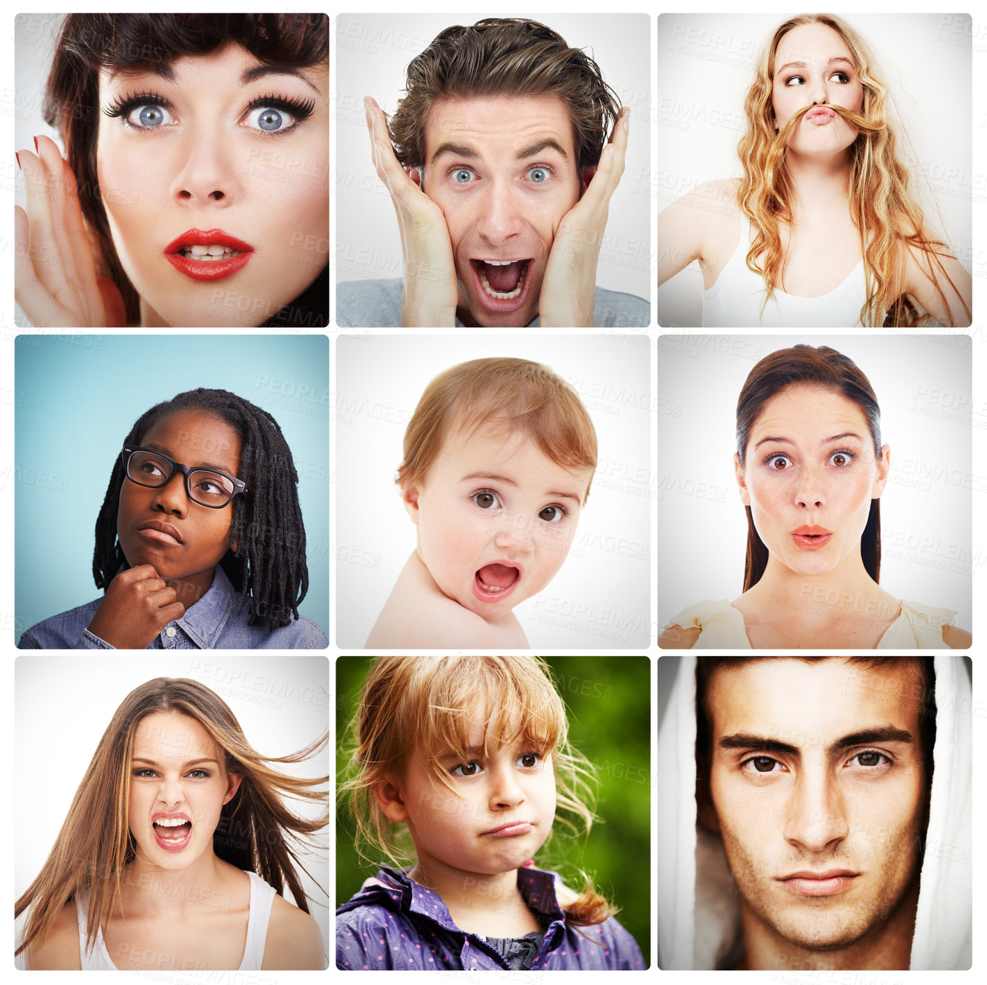 Buy stock photo Collage, bipolar and emotions with different moods, personalties and facial expression for mental health. Montage, personality and reactions in portrait for dissociate identity disorder or condition