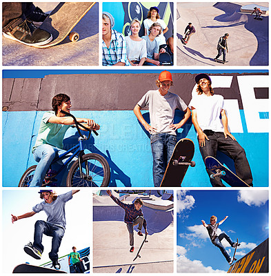 Buy stock photo Happy, teenager group and skating for sports, relax and fitness in digital composite. Collage of friends, skater and energy with smile for exercise, fun and freedom on vacation at skatepark