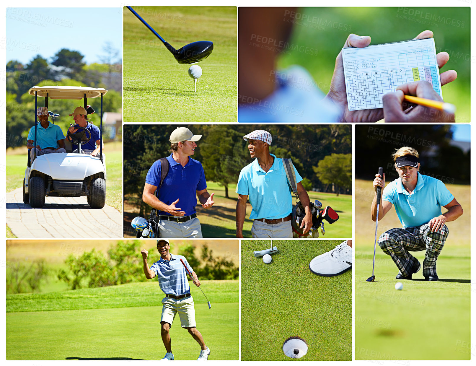 Buy stock photo Happy, friends and sport with golf club, scorecard and walking for hobby, fun and relax on grass field in digital composite. Excited male athletes and practice stroke with personal trainer in collage