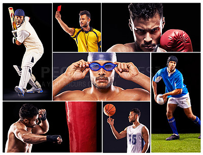 Buy stock photo Collage, athletes and sports with cricket, rugby and basketball for winner, world cup and and nba. Training, fitness and game with soccer, mma and swimming for premier league, ufc and olympics