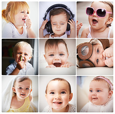 Buy stock photo Collage, happy babies and development for motor skills in growth, child rearing and childhood. Composite, children and toddlers for kids fashion, teething and play at home with parenthood or support