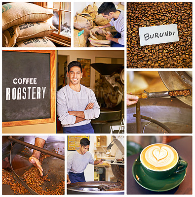 Buy stock photo Businessman, roasting or grinding coffee beans in cafe for entrepreneurship, career or profession. Barista, manufacturing or production of beverage in workshop for sale, service or experience